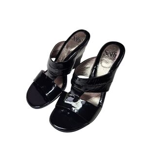 Sofft Black Metallic Silver Patent Leather Women's Wedge Sandals Art Deco 6.5